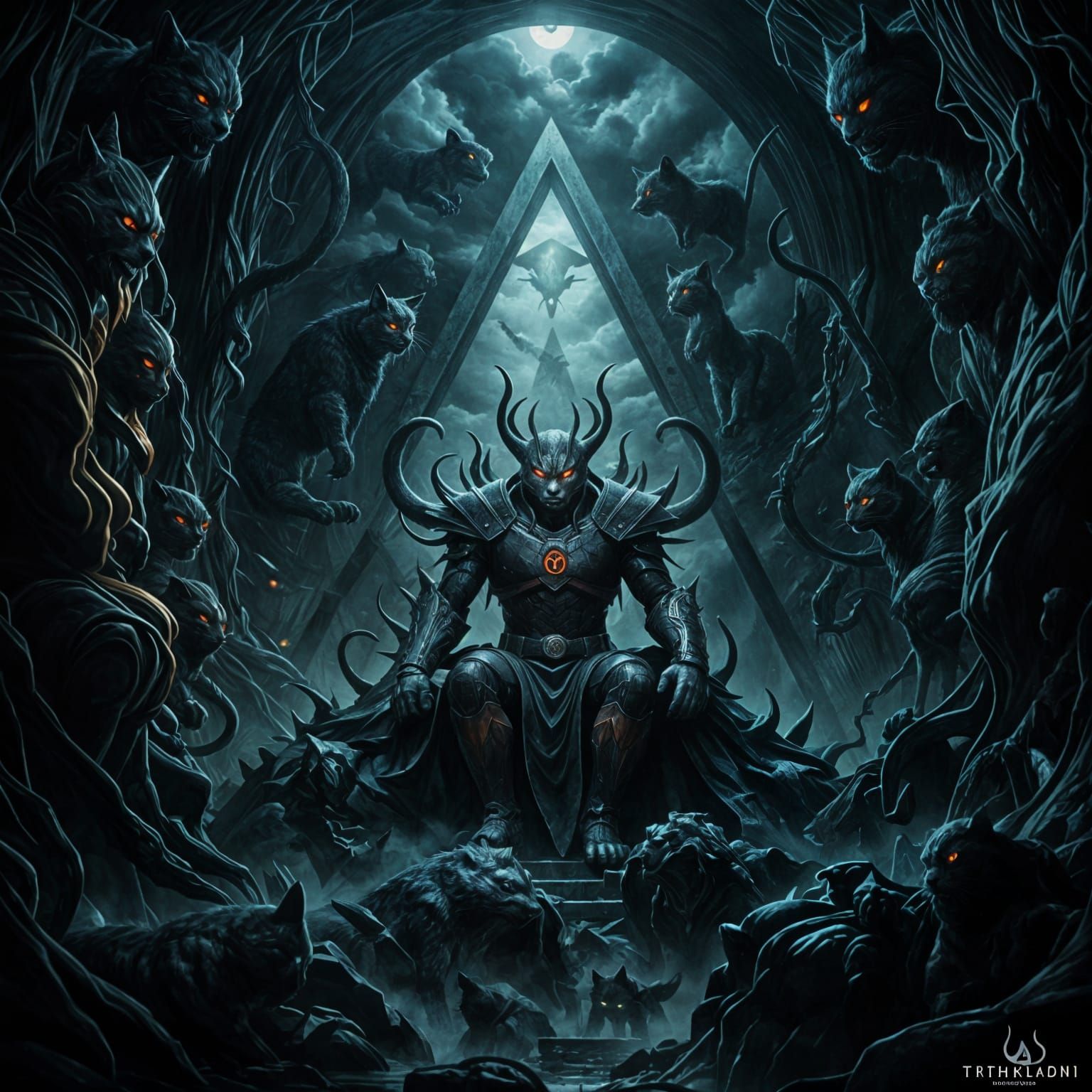 Cyberpunk Golem King Surrounded by Feline Minions