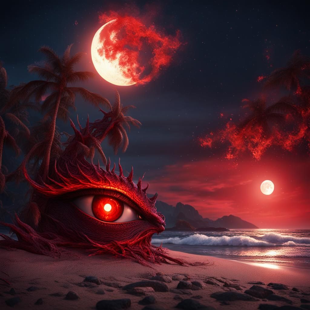 Flaming Red Eye on Beach in Moonlight