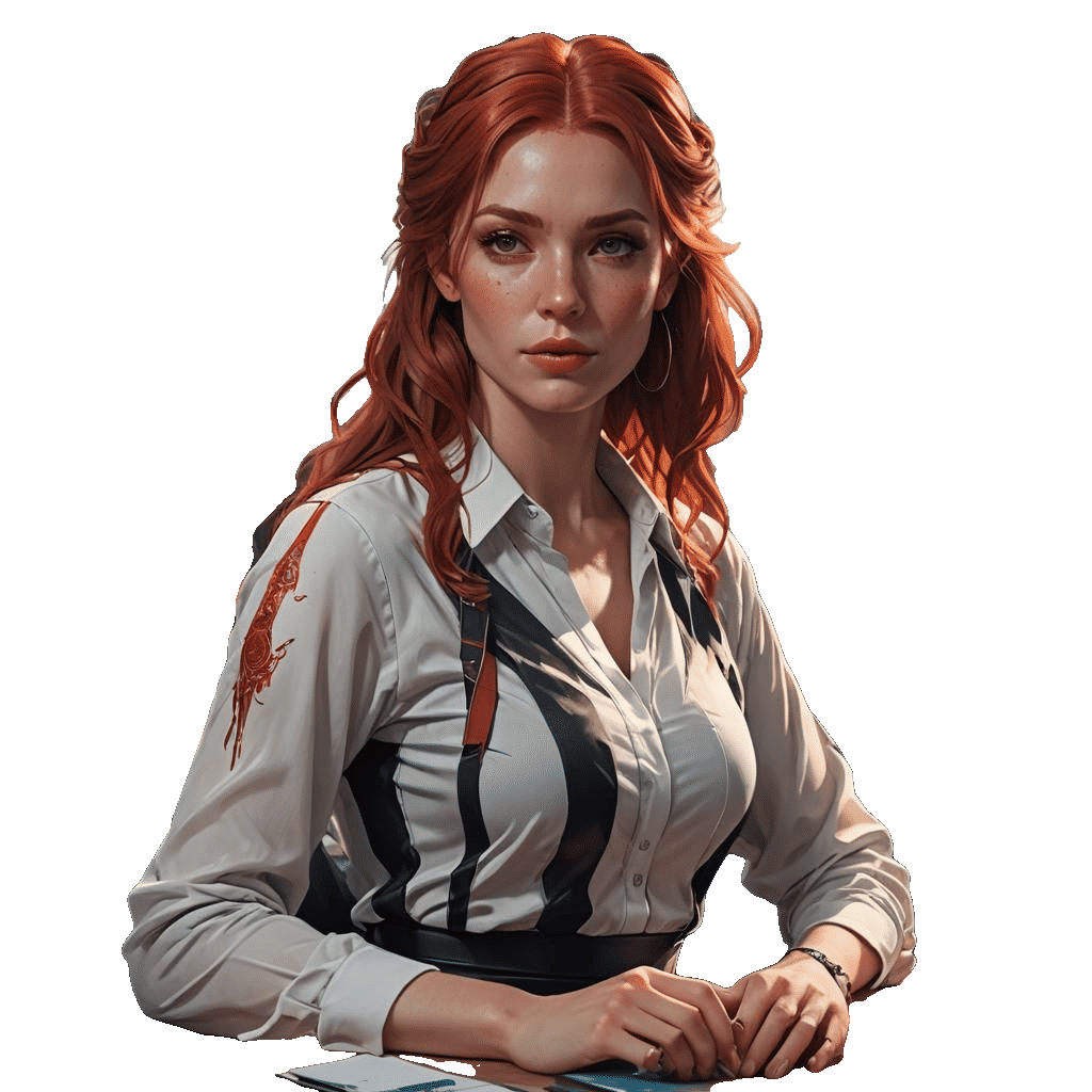 Woman with Red Hair in Office, Hyperdetailed Portrait