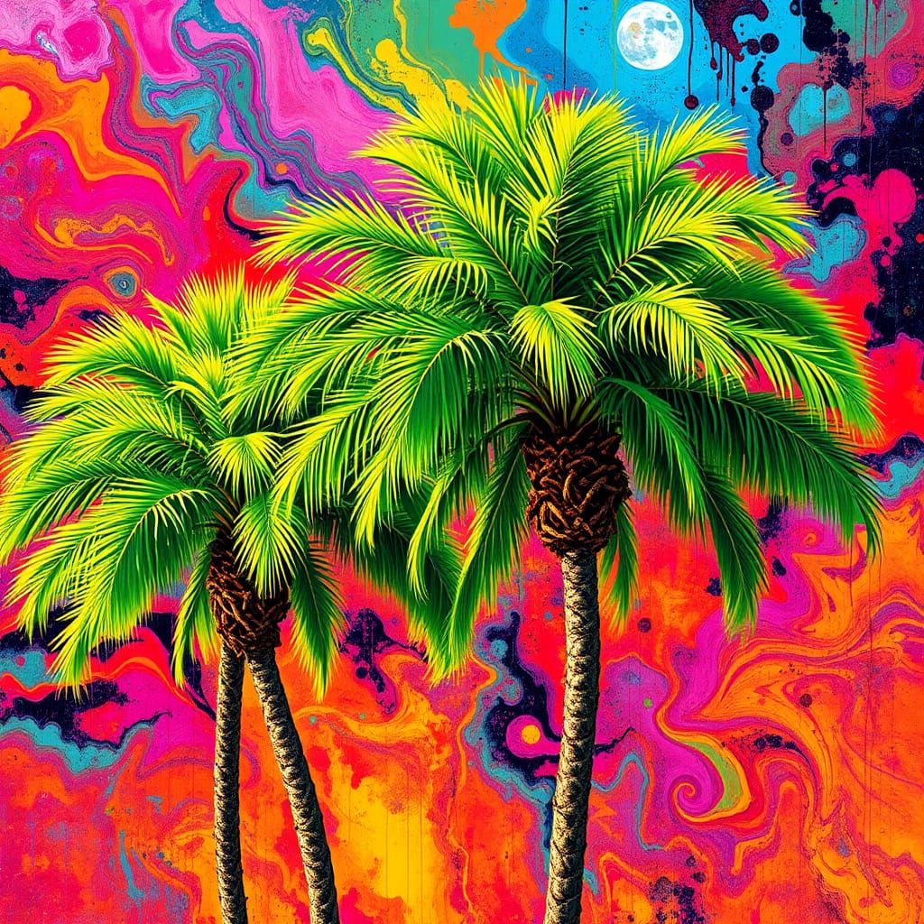 Lush Green Palm Trees with Swirling Colors