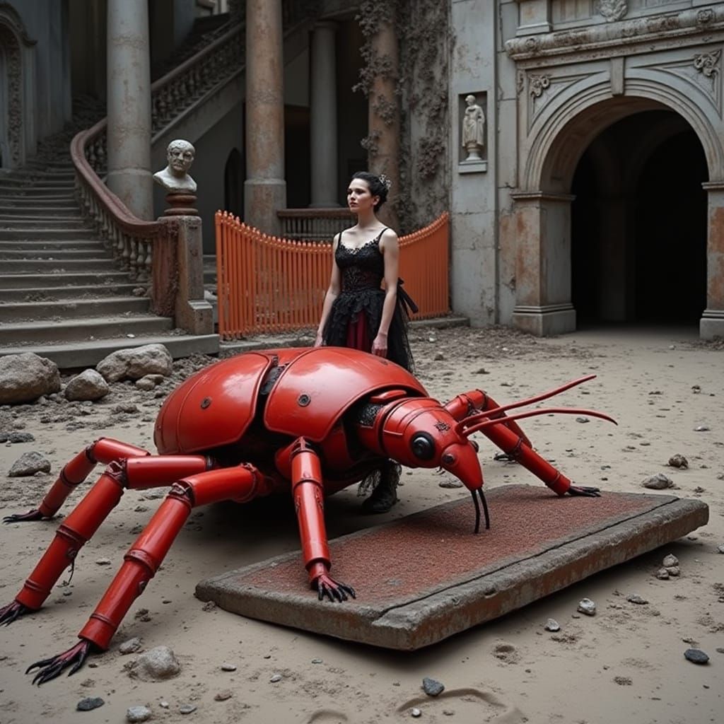 Goth Fashion Model Amidst Post-Apocalyptic Ruins with Giant ...
