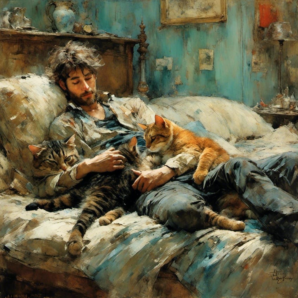 Boy Holds Cat in Arms: Oil Painting Style