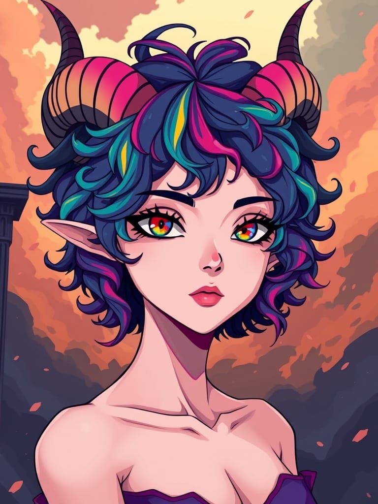 Rainbow-Eyed Woman with Horns in Manga Style