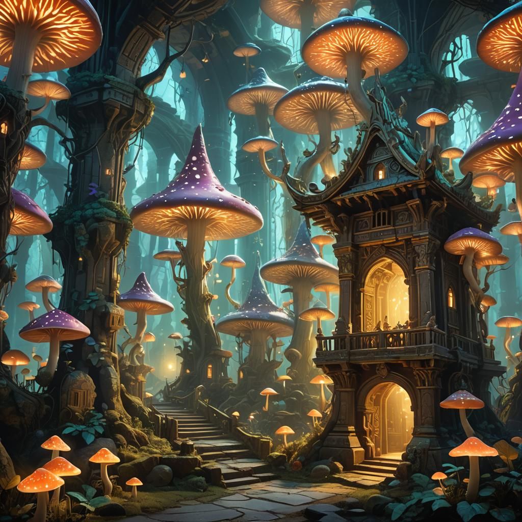 Gnomish Temple Interior with Luminescent Mushrooms