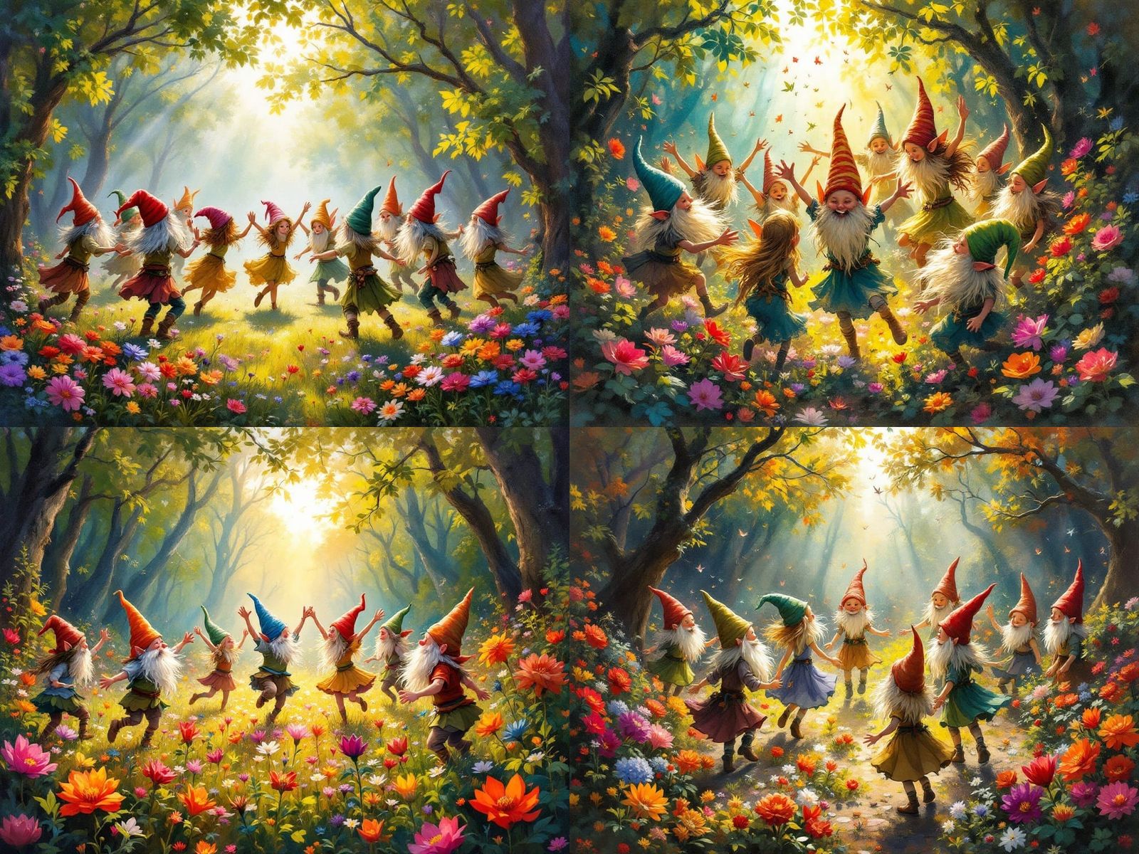 Gnomes and Elves Dance in Whimsical Sunlit Forest