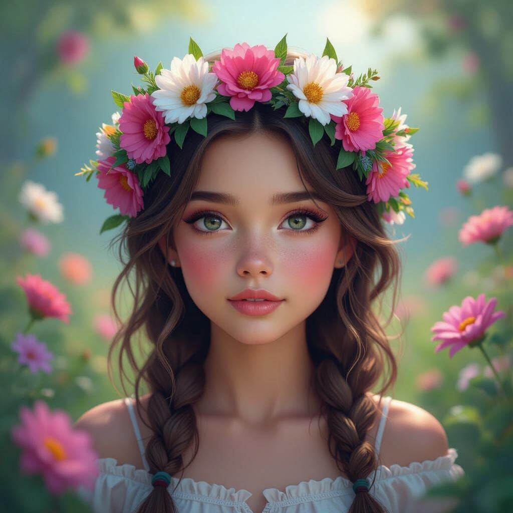 Fantasy Girl with Flower Crown in Lush Landscape