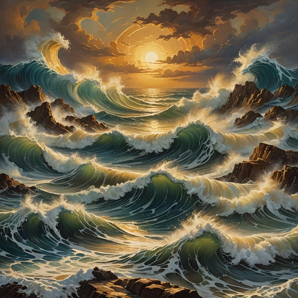 The setting sun casts a warm glow on the turbulent waves,