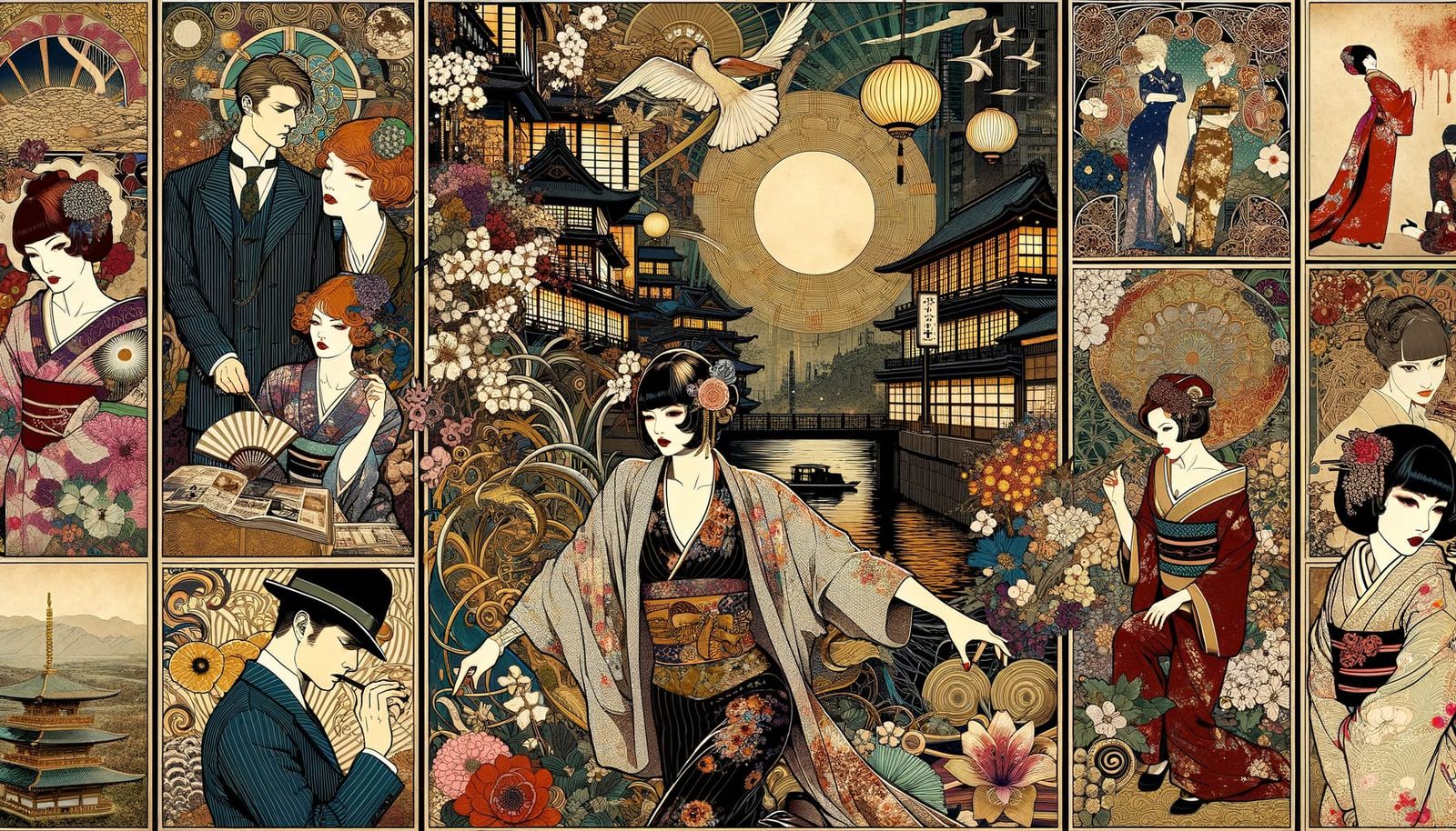 16k resolution, art by Kashō Takabatake, Hasui Kawase, Claud...