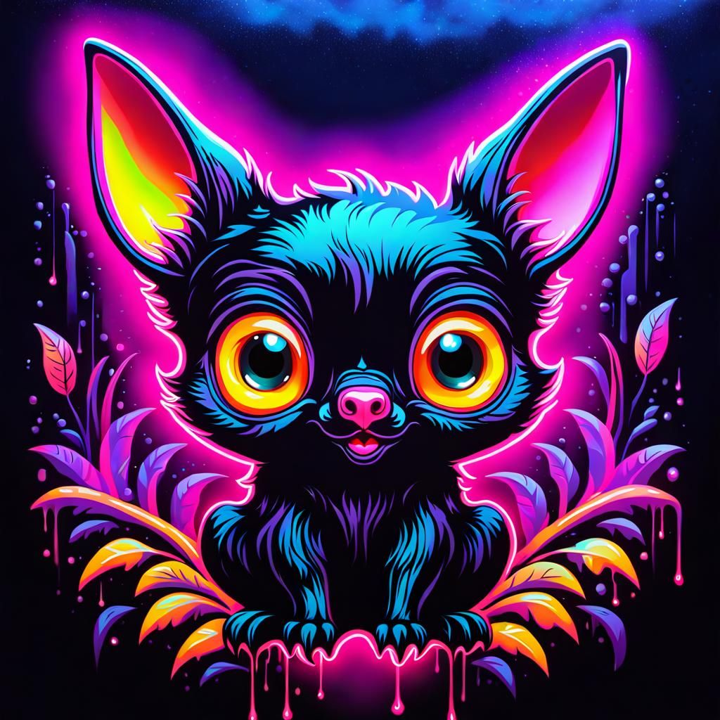 Neon Chibi Fruit Bat in Blacklight Art