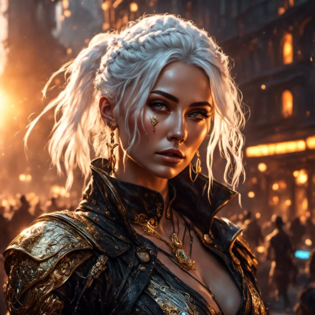 Cyberpunk Girl with White Hair in Golden Light