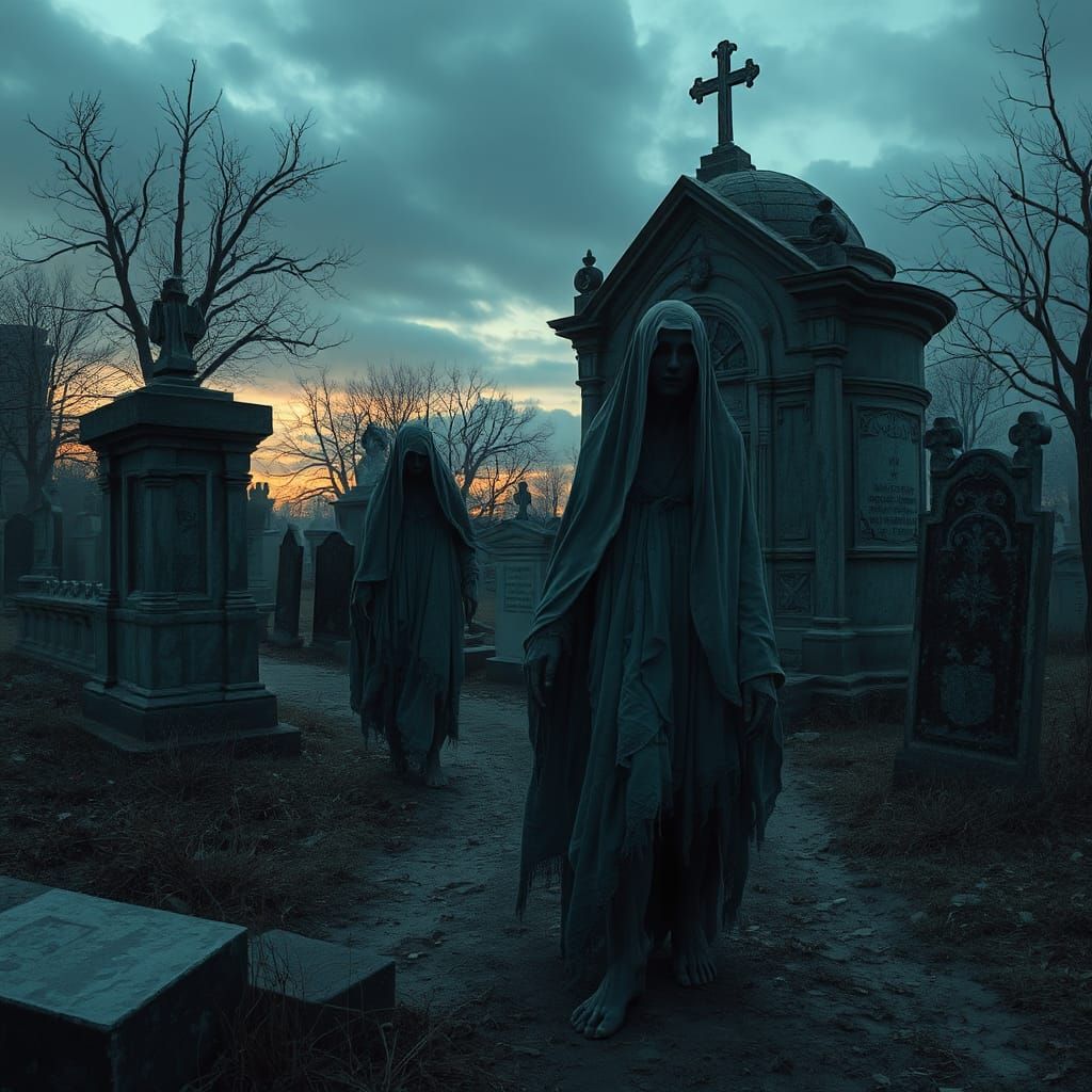 Ethereal Spirits in Haunted Cemetery: Surrealist Digital Art