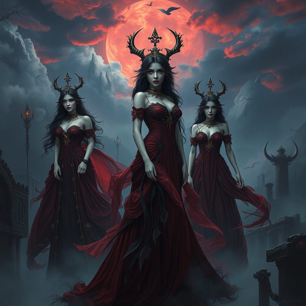 Sultry Vampire Goddesses in Mysterious, Dark Fantasy Landsca...