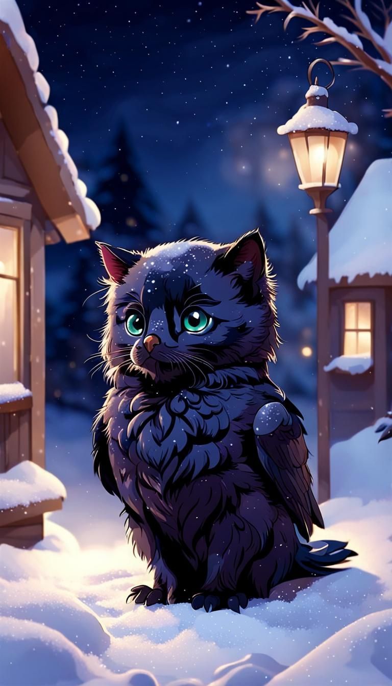 Raven and Cat Enjoying a Snowy Christmas Night