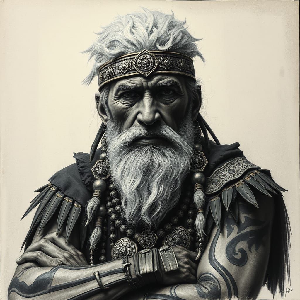 Stoic Clan Warrior: Charcoal Portrait in Golden Period Style