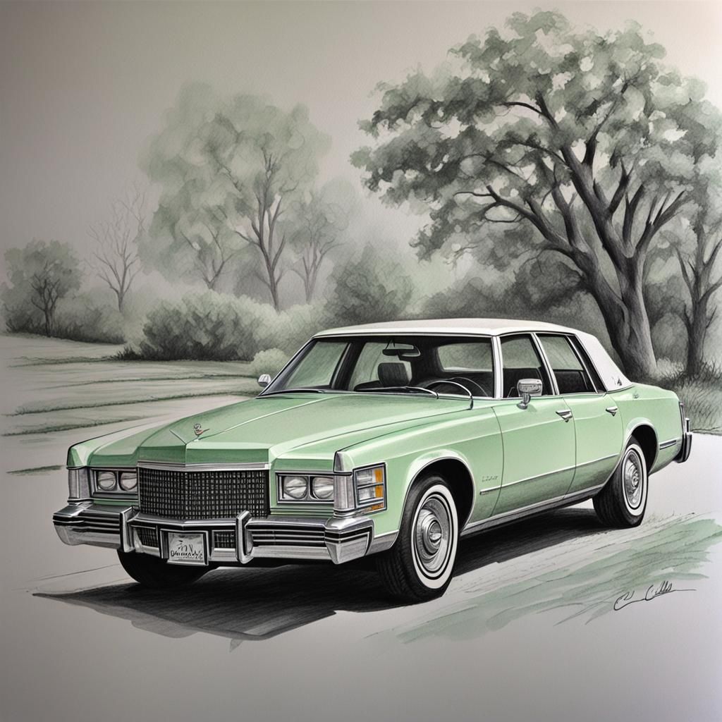 Mint Green 1977 Cadillac Seville Pencil Sketch
