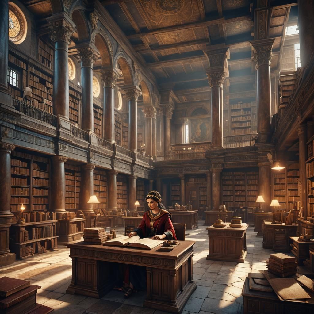 Ancient Byzantine Library with Greek Scholar