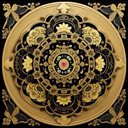 Baroque Maneki Neko with Floral Mandala Oil Painting