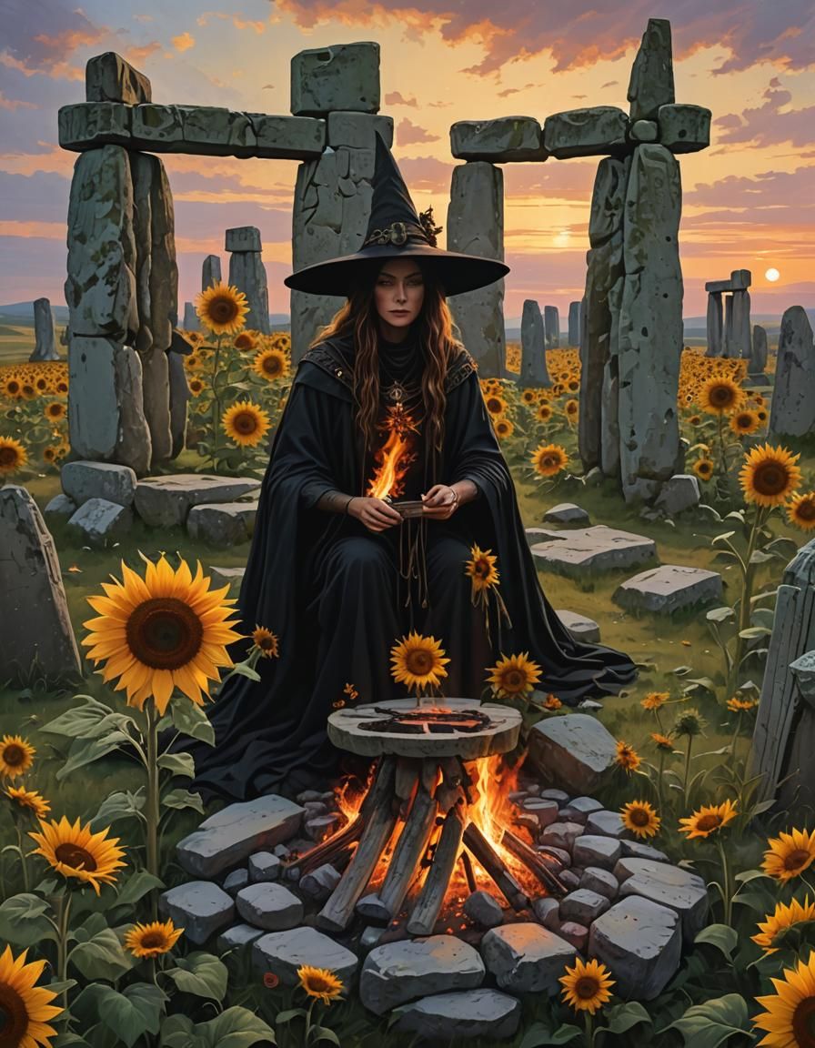 Summer Solstice Witch at Stonehenge with Bonfire