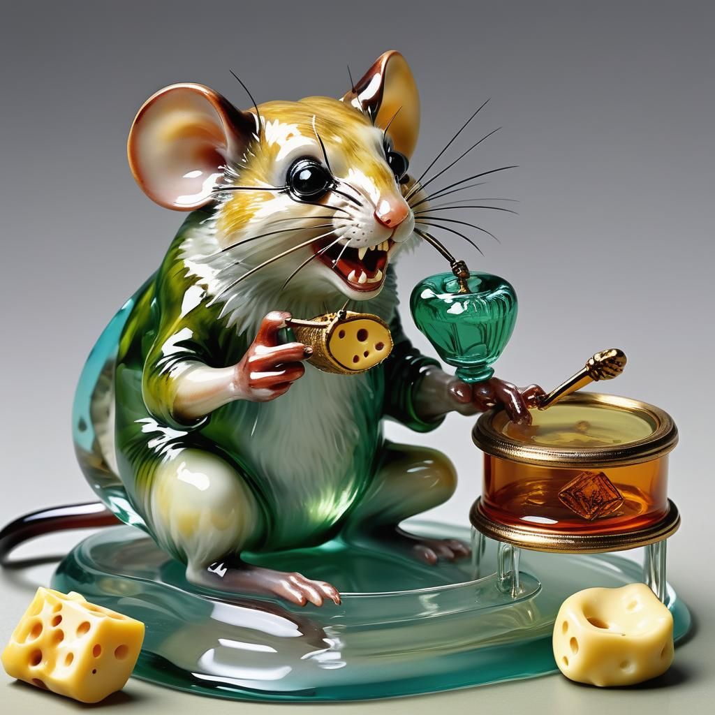 Glass Mouse Steals Cheese: Enameled Figurine