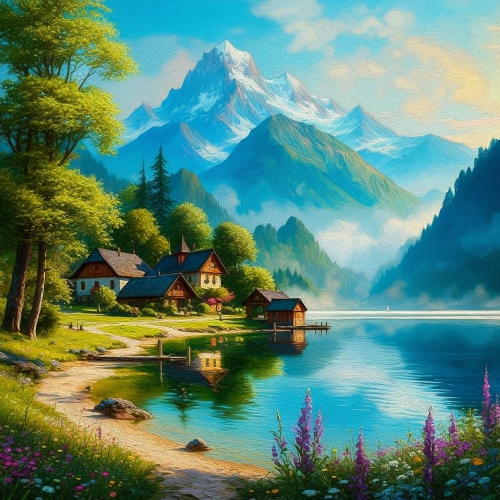 Romantic Landscape Oil Painting of a Serene Village by a Lak...