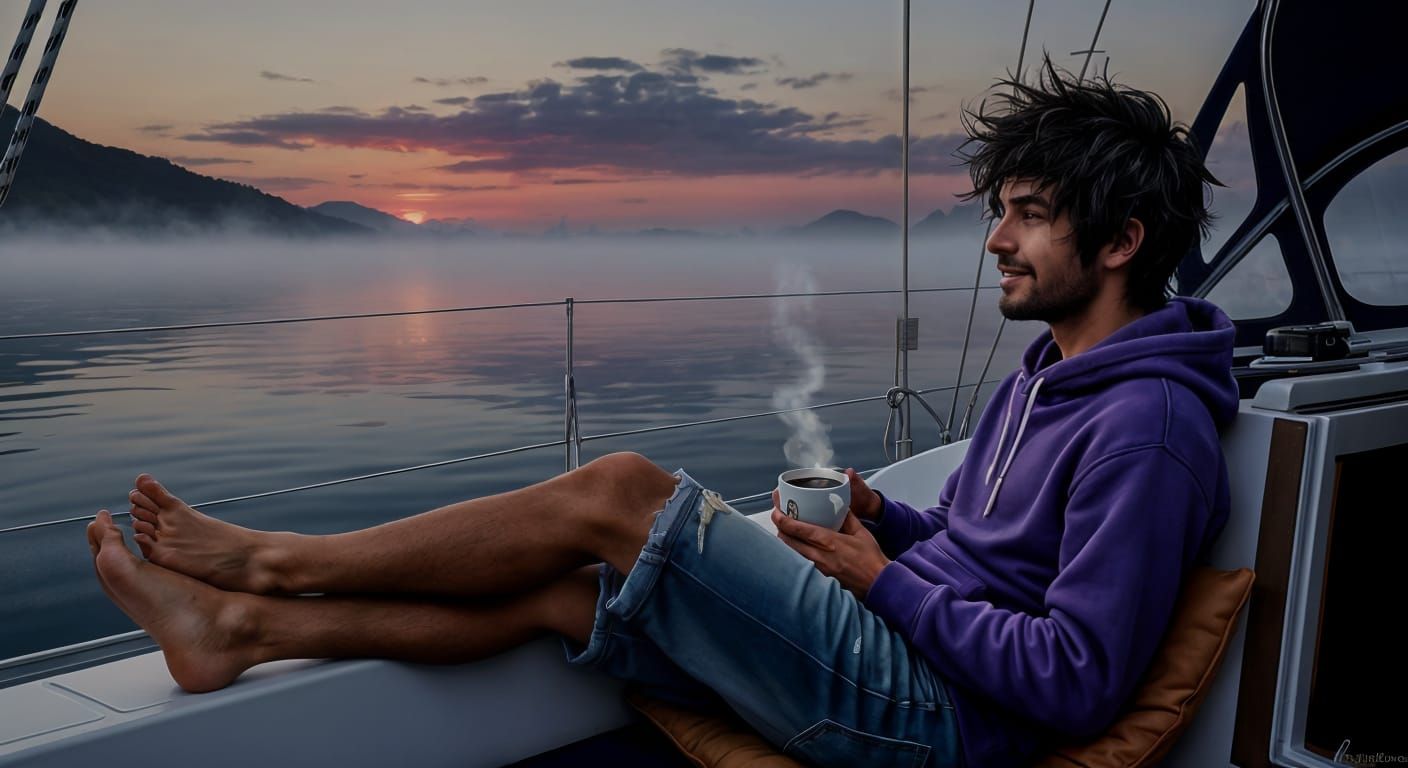 Man Relaxing on Sailboat at Sunrise