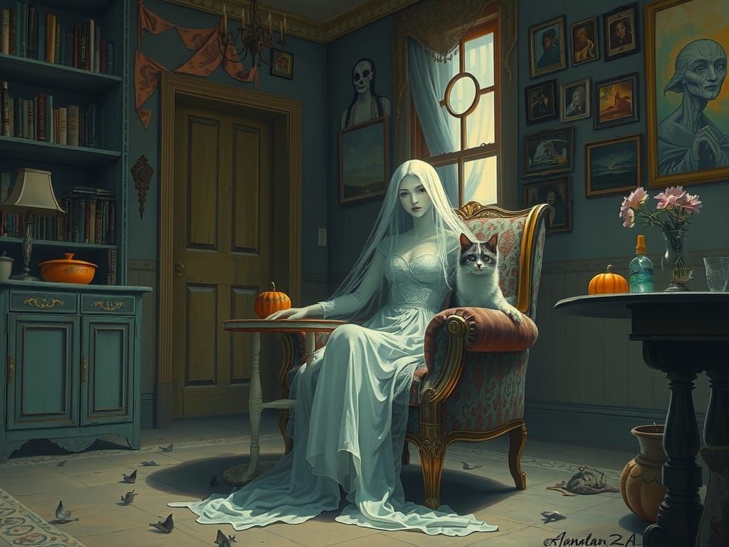 Ethereal Girl and Feline Companion in Haunted Mansion Scene