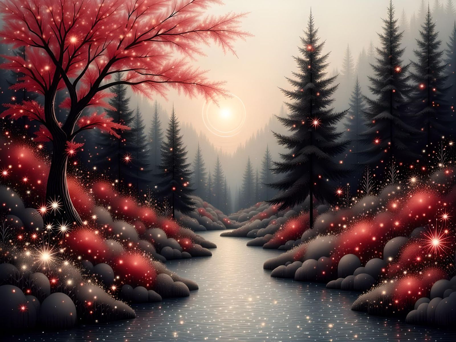 <lora:Magical Stars Flux:1.0> Magical Red Forest