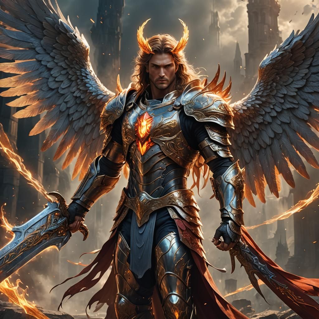 Warrior Angel with Fiery Sword and Halo