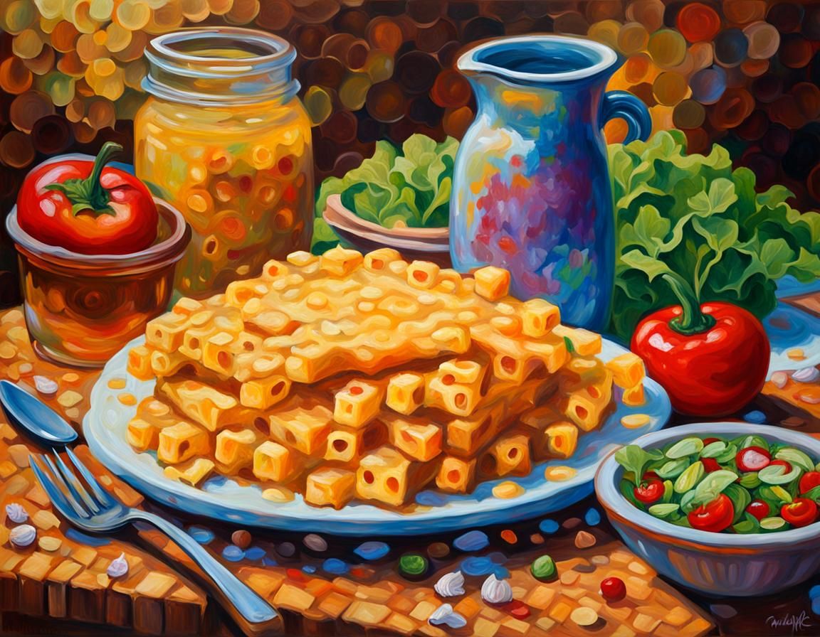 Macaroni Cheese Still Life in Neo-Impressionist Style