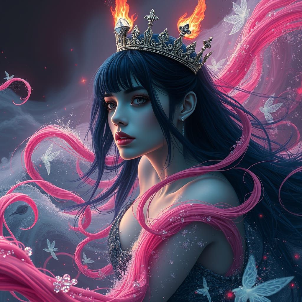 Cyberpunk Woman Diving in Stormy Red Ocean