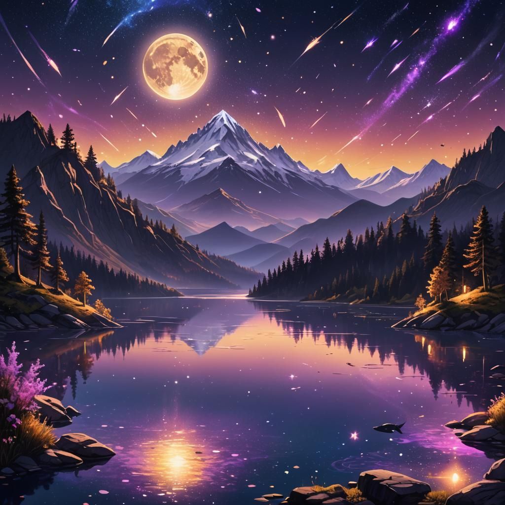 Vibrant Night Sky Over Mountain Lake with Fish