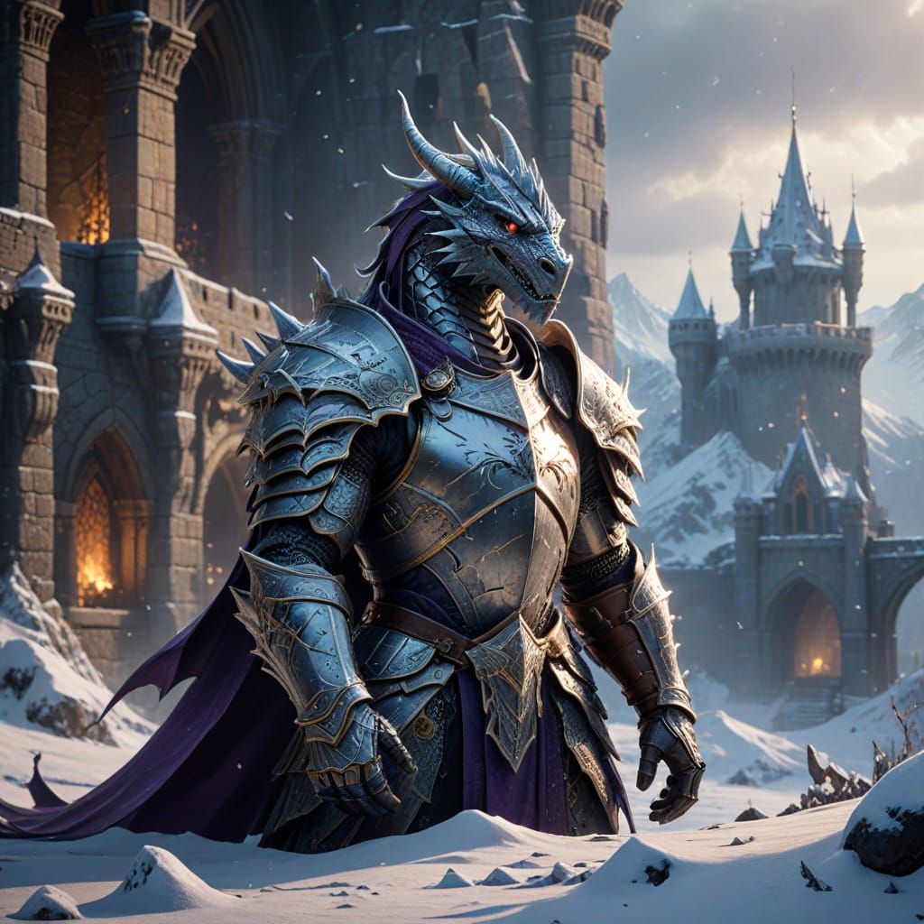 Ethereal Winter Castle Guarded by a Majestic Dragon in a Cyb...