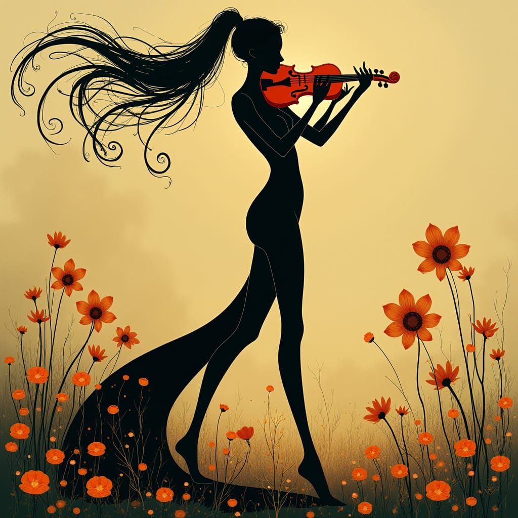 Ethereal Woman in Black Silhouette Plays Violin amidst Whims...