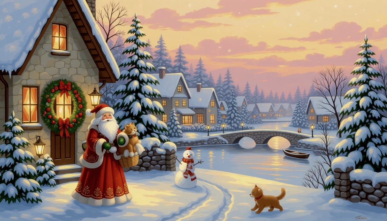 Thomas Kinkade Style Christmas Village Scene