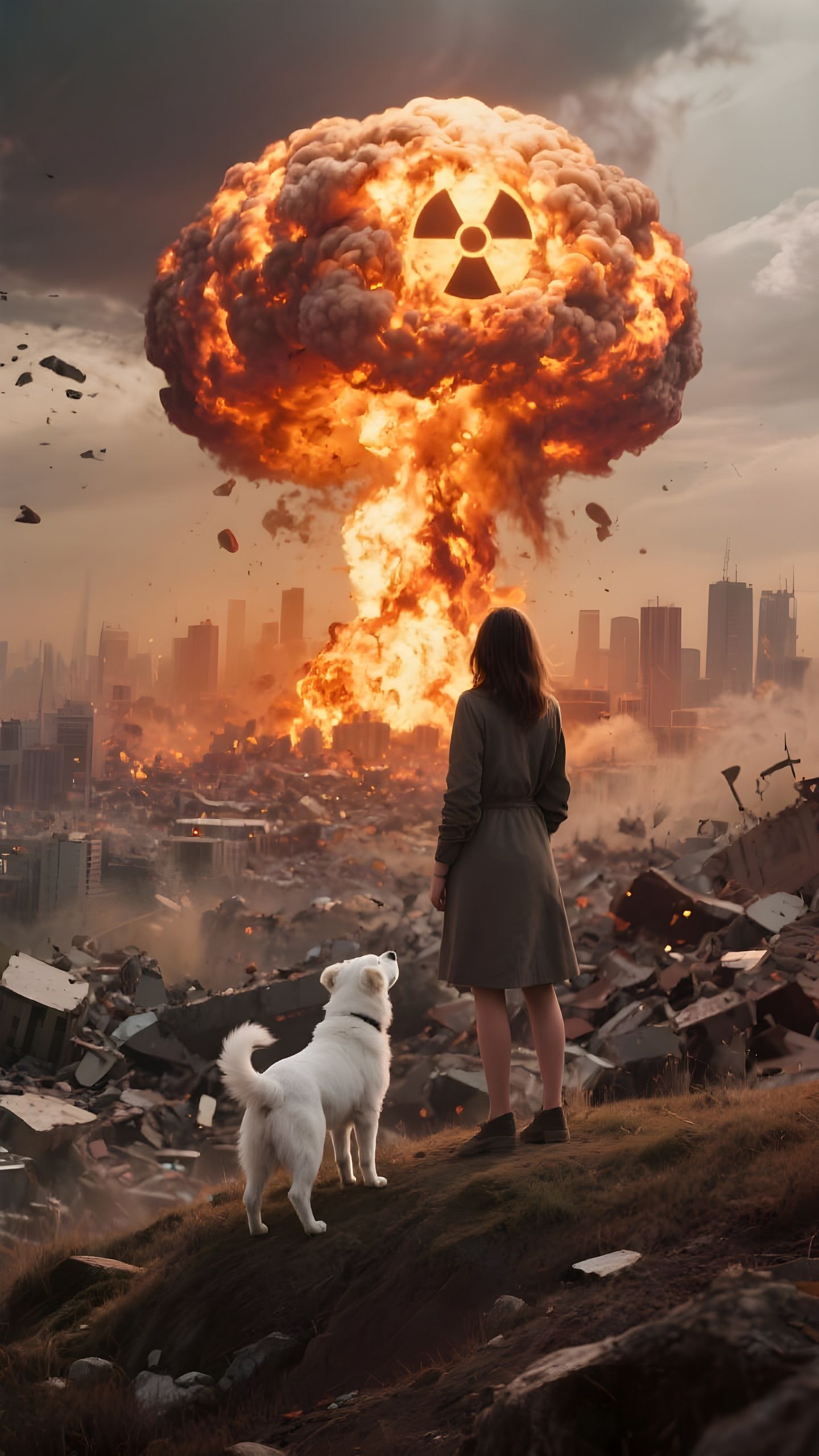 Apocalyptic Cityscape: Woman and Dog Witness Nuclear Devasta...