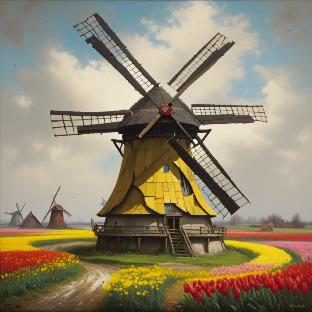 Dutch Windmill in Tulip Field: Serene Landscape