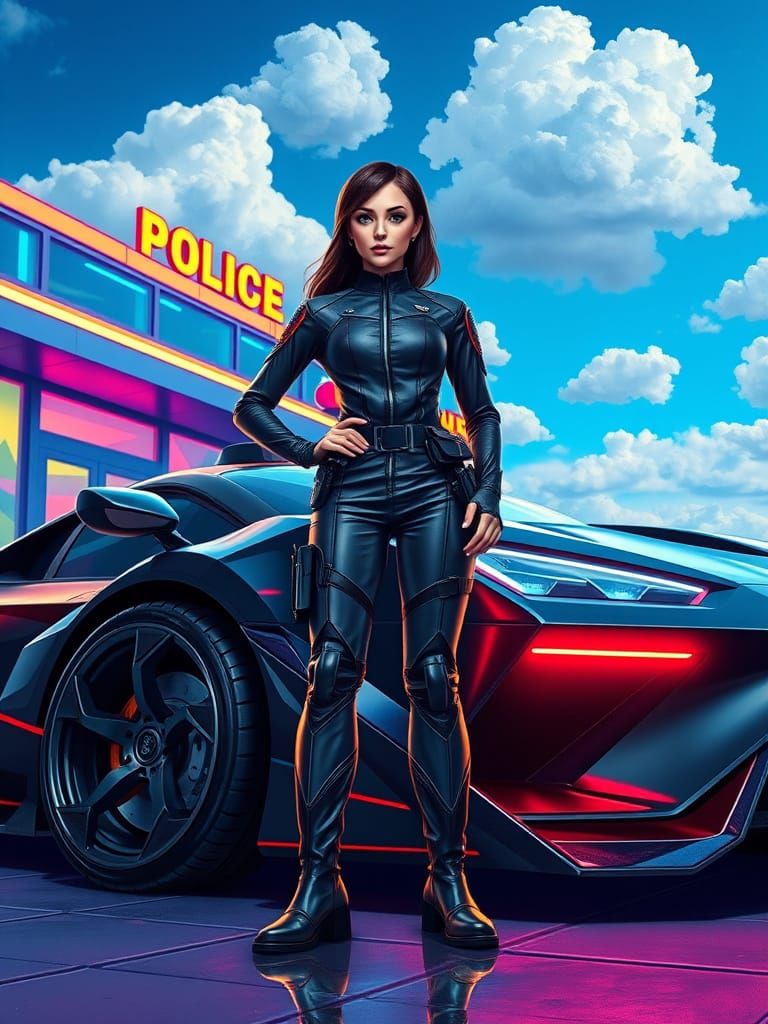Futuristic Female Police Officer in Neon-Lit Cityscape