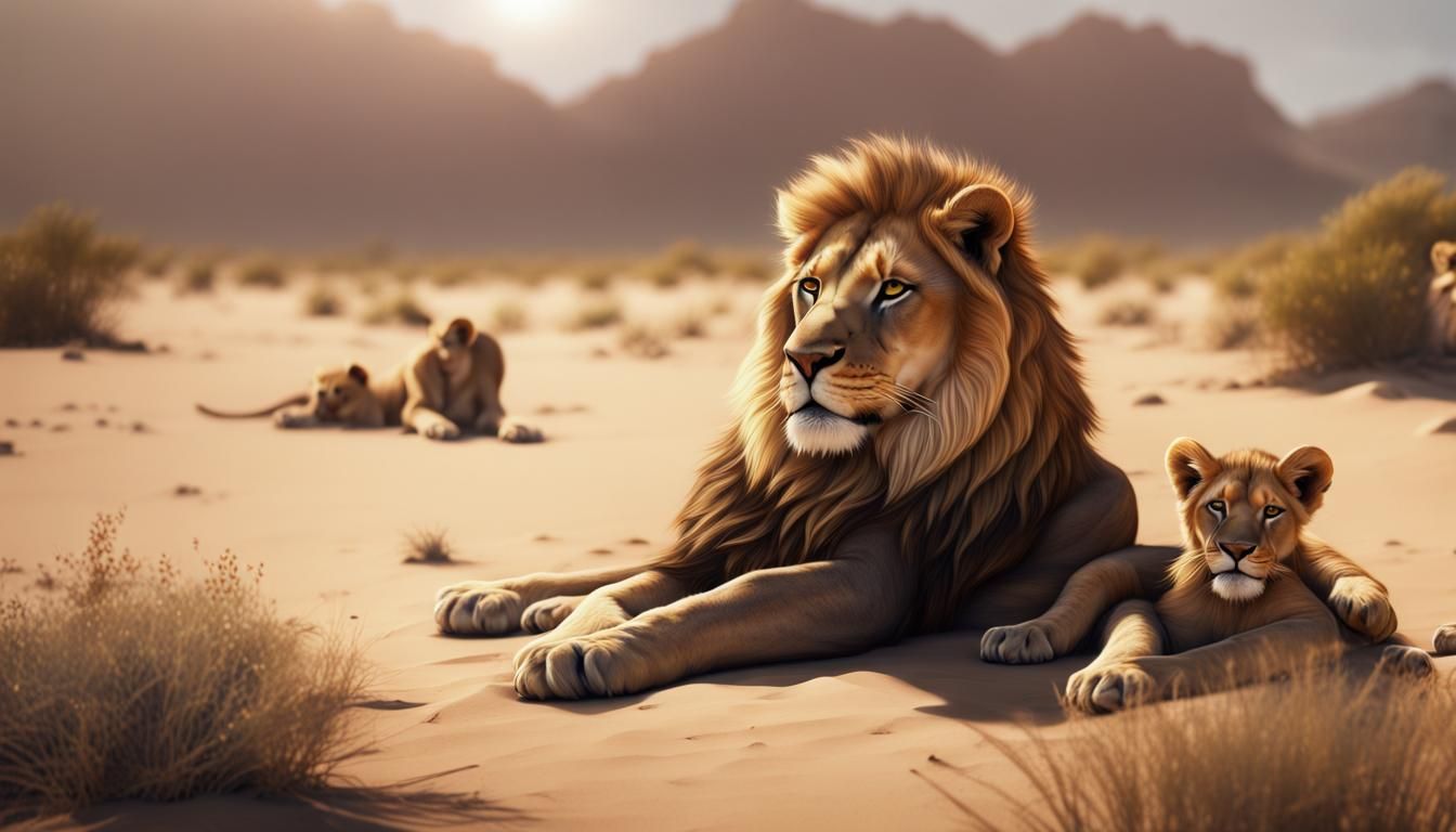 Lioness and Cubs in Desert Landscape