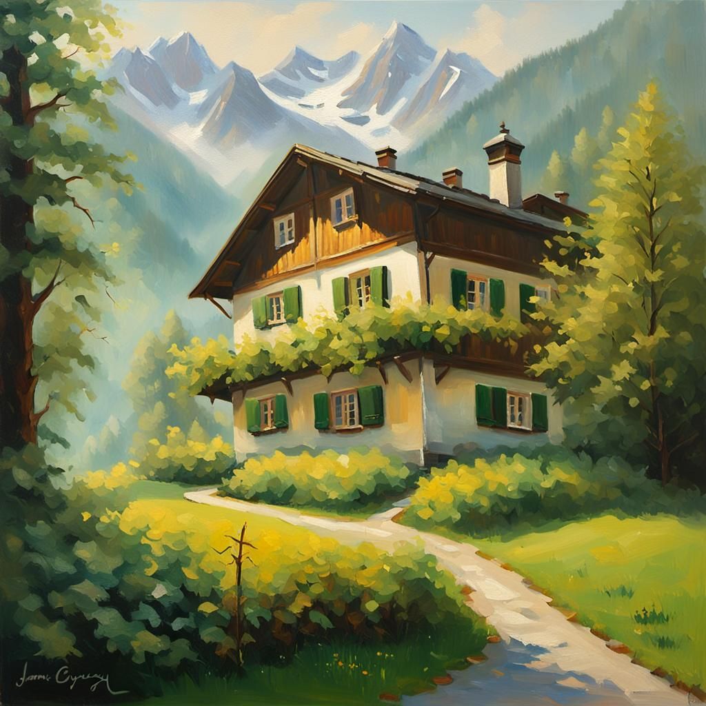 Old German House in Bavarian Alps, Impasto Oil Painting