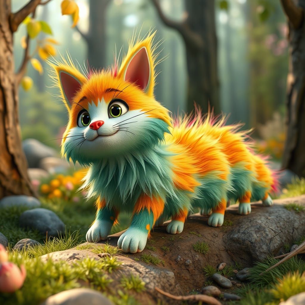 Whimsical Cat-Caterpillar Hybrid in Lush Forest