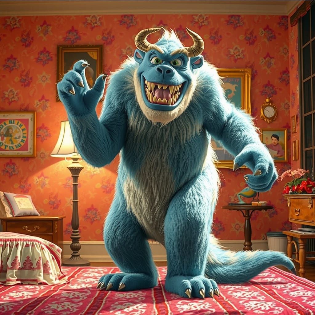 Hyperrealistic Monster in a Whimsical Little Girl's Room