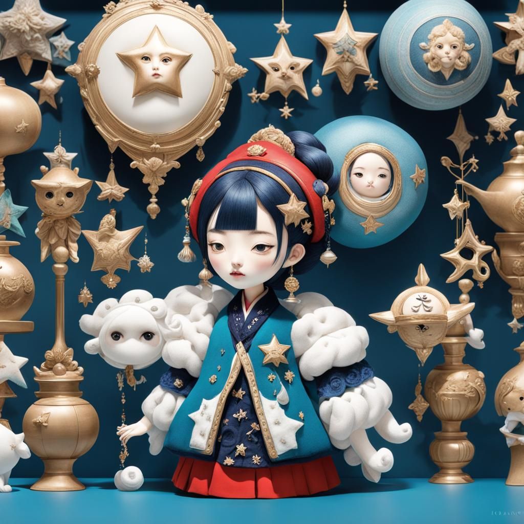 Girl with Stars in Plush Doll Art Style