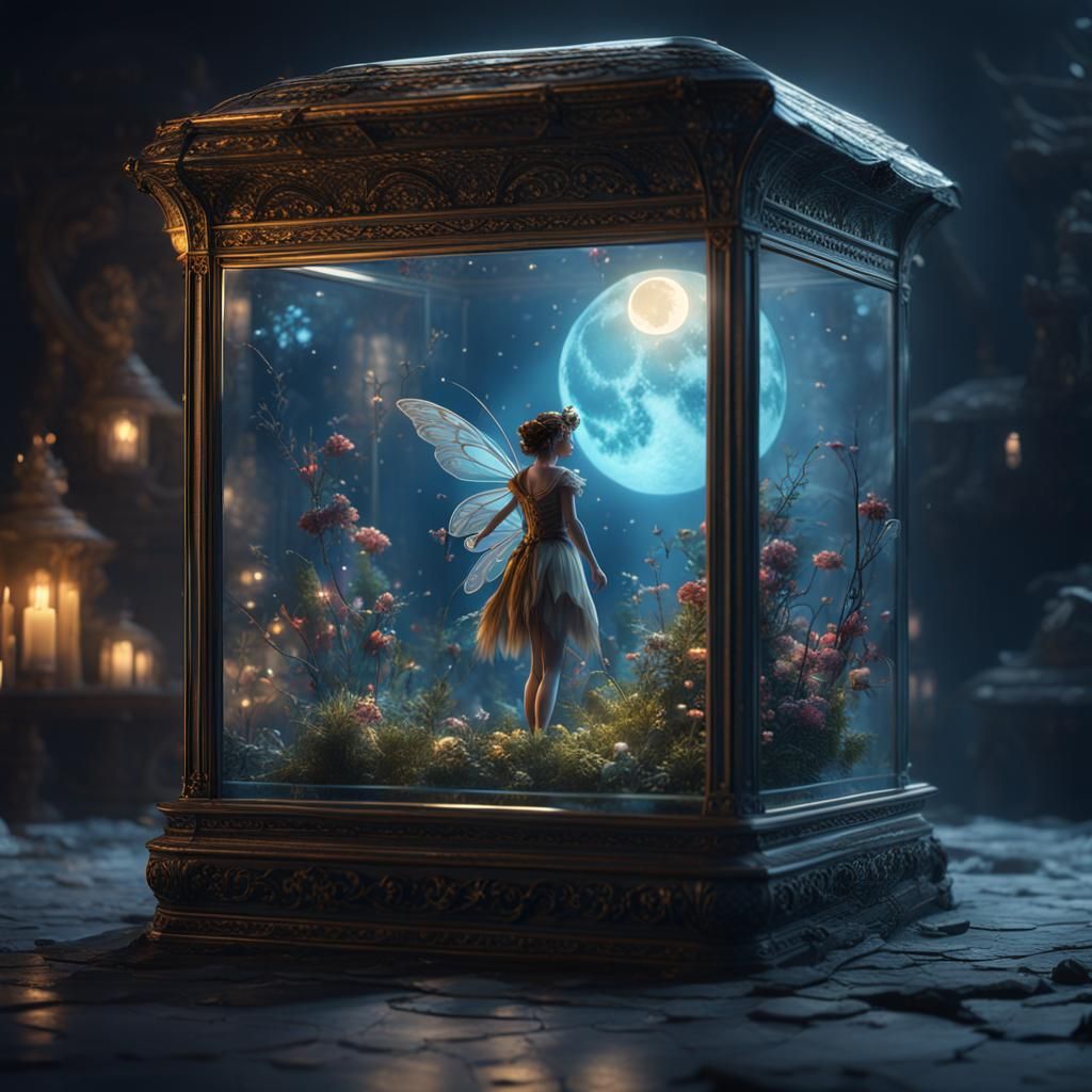 Fairy and Moon Inside Glass Box