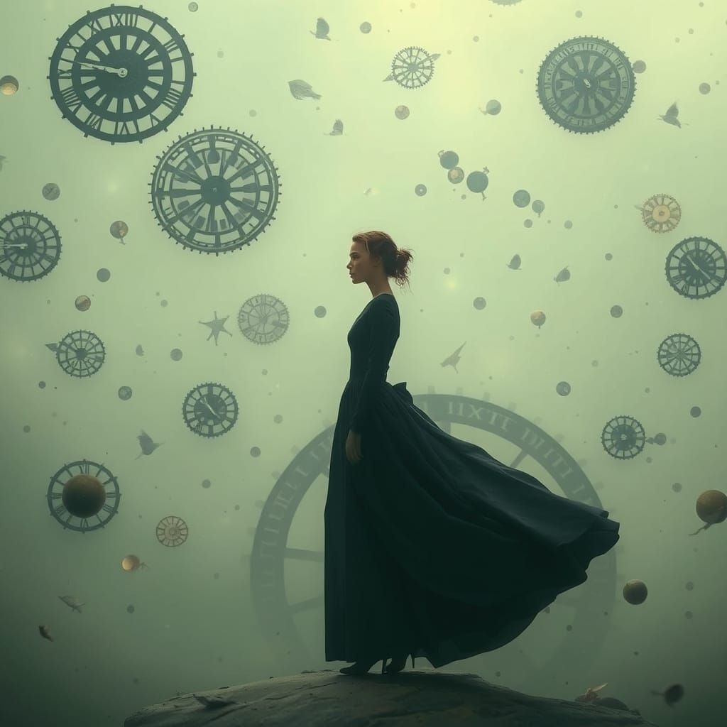 Elegant Woman in Dreamlike Clockwork World