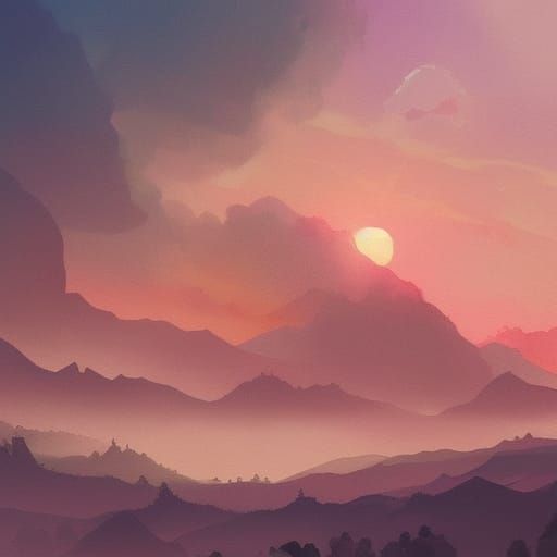 Watercolor Sunset Landscape in Pink and Orange