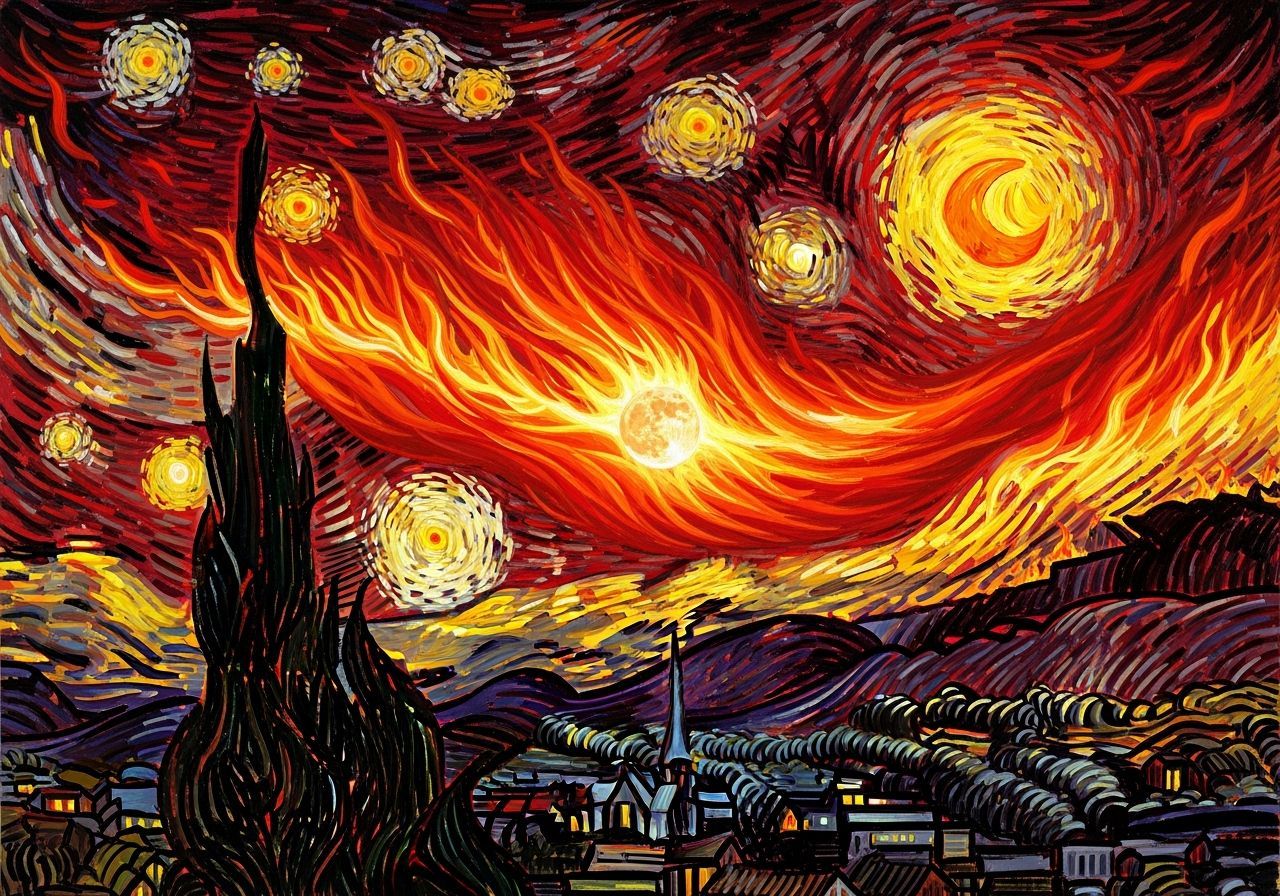 Fiery Starry Night Reimagined as Impasto Painting