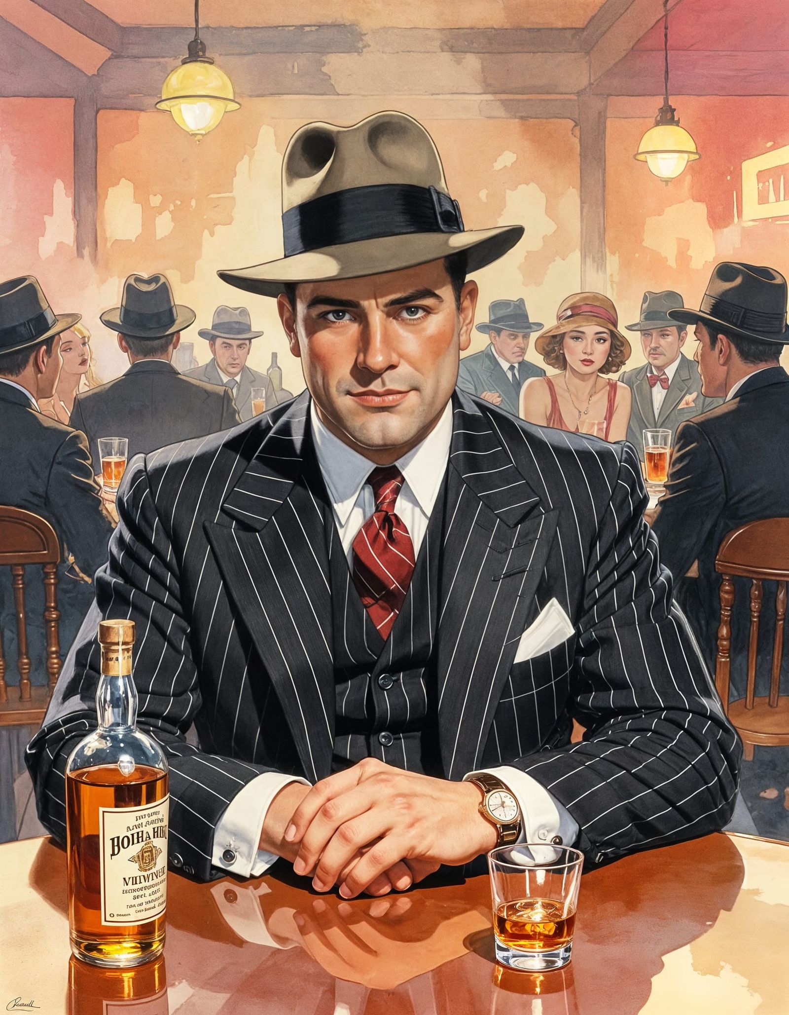 Al Capone in a 1920s Speakeasy: Watercolour Portrait