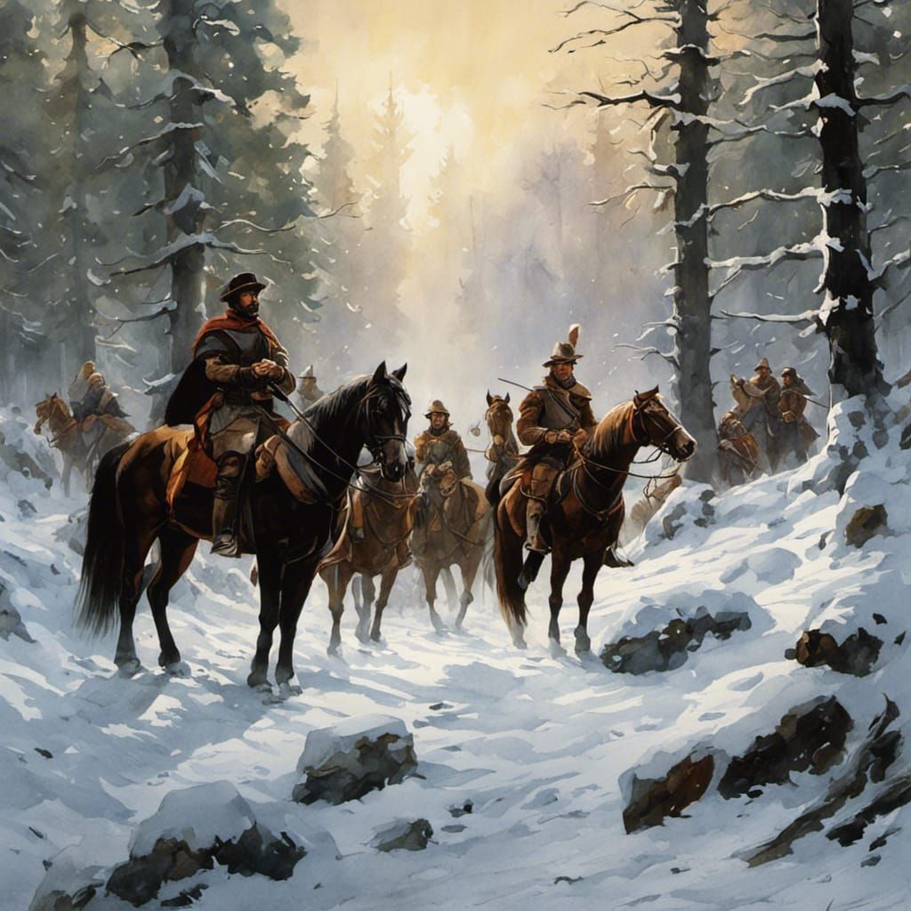 Renaissance Hunting Party in Snowy Forest