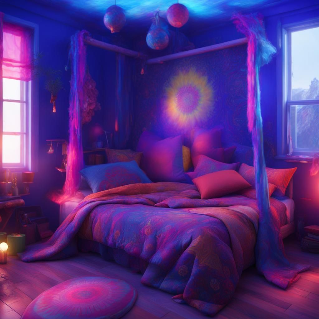 Colorful hippie bedroom with blue walls and colorful hippie bed& hippie vibes& new age vibes& Wiccan vibes& magical vibe...