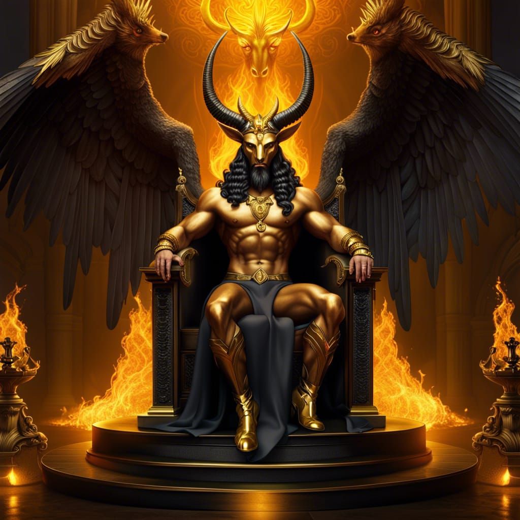 Baphomet sitting on a golden throne surrounded by fire, perfect male body, wearing a thong, 8k resolution, hyper-realist...